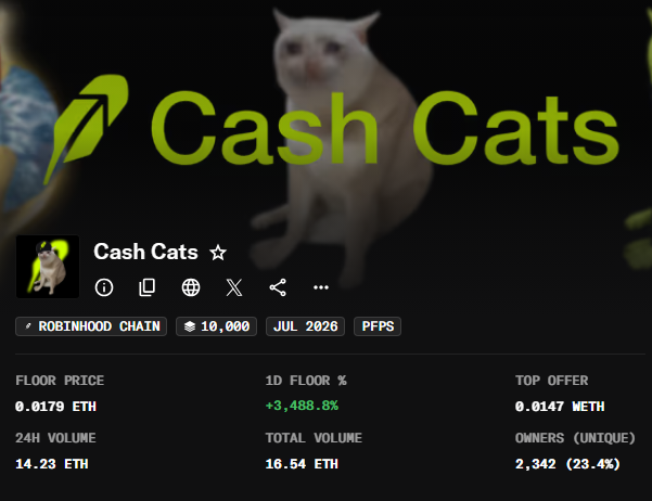NFT collection page for 'Cash Cats' on ROBINHOOD CHAIN with 10,000 supply, showing a floor price of 0.0179 ETH, 24H volume of 14.23 ETH, and 1D floor % change of +3,488.8%.