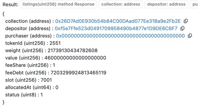 A screenshot of a blockchain smart contract method response for listings, showing NFT details including collection address (0x26D7Ad0E930b54b84C00DAad077Ee31Ba9e2Fb2E), tokenId 2551, weight 21739130434782608, and value 46000000000000000000.