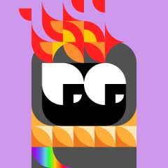 A stylized cartoon character featuring a black cylindrical head with large white eyes, topped with red and orange flames, wearing an orange segmented outfit with a rainbow arm.