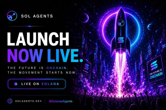 The image features a purple rocket launching into space, with the text "SOL AGENTS IS NOW LIVE" above it. The caption below the rocket reads "The future is on chains", which could be interpreted as a reference to the blockchain technology behind Solana's AI agents.!