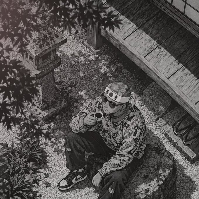 A black-and-white digital illustration of a tattooed man wearing a headband with kanji and sunglasses, sitting on a rock and drinking from a small cup in a traditional Japanese garden setting.