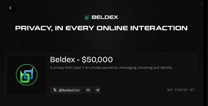 A promotional graphic for 'BELDEX' features the text 'PRIVACY, IN EVERY ONLINE INTERACTION' and lists 'Beldex - $50,000' as a privacy-first Layer 1 for private payments, messaging, browsing, and identity, with status marked 'NOT STARTED YET'.