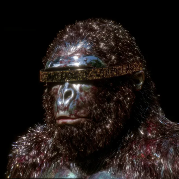 A dark, digitally-rendered portrait of a gorilla wearing a golden headband featuring text from '2001: A Space Odyssey' against a black background.