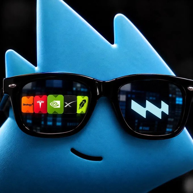 A close-up of a blue Pokémon wearing black sunglasses, with the lenses displaying colorful app icons including Strology, Tesla, and NVIDIA, while one lens shows a glowing geometric shape.