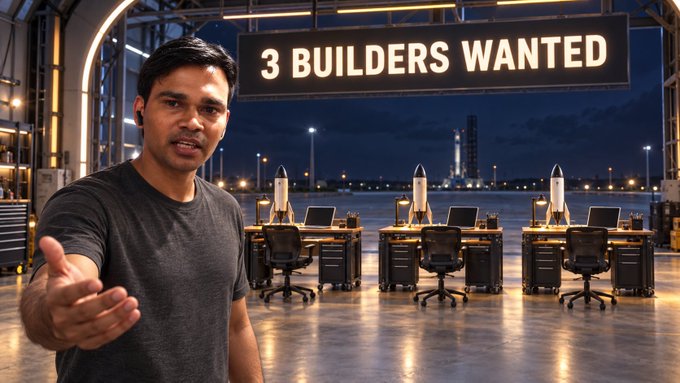 A man in a grey shirt reaches his hand toward the camera in the foreground, while a sign overhead reads '3 BUILDERS WANTED' above three workstations with rockets and computers.