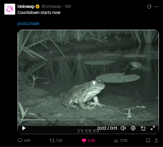 A tweet from Uniswap (@Uniswap) posted 18 hours ago reading 'Countdown starts now' with a link to pools.trade and an attached video of a frog by a pond at night.