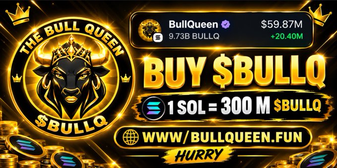 A gold-themed cryptocurrency advertisement for "BullQueen ($BULLQ)" showing a market cap of $59.87M, with text reading "BUY $BULLQ", "1 SOL = 300 M $BULLQ", and "WWW/BULLQUEEN.FUN".