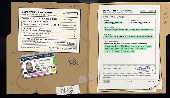A "Department of FOMO" themed illustration showing FOMIES activity records, an application form for "airdrop_nanhan" with a Solana wallet and EVM wallet, and a statement claiming the project is "so cool."