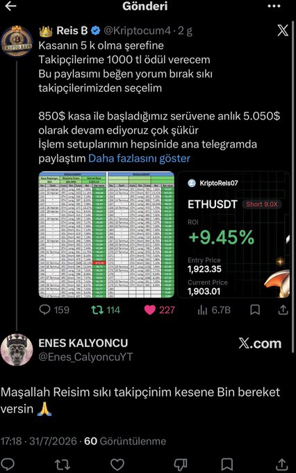 A Twitter/X post by "Reis B" (@Kriptocum4) celebrates reaching a 5x profit on his portfolio, promising to reward 2 followers with $1,000 each, alongside a screenshot of a +9.45% ETHUSDT short trade showing a $1,923.35 entry. Below, follower "Enes Kalyoncu" (@Enes_CalyoncuYT) congratulates him with "Maşallah Reisim," aligning with the caption's mention of rewarding loyal followers.