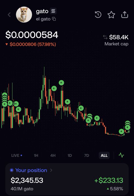 A mobile screenshot displays a cryptocurrency chart for the token "gato" (el gato) on Robinhood, showing a price of $0.0000584 with a market cap of $58.4K, despite a 57.98% decline. The user's position of $2,345.53 (40.1M gato tokens) shows a gain of +$233.13 (5.58%), visually supporting the post's claim of holding through volatility with conviction as the price approaches its all-time high.