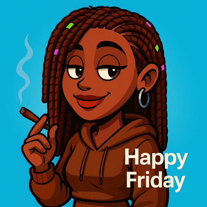 A cartoon illustration of a woman with braided hair smoking a cigar, with the text 'Happy Friday' displayed on a bright blue background.