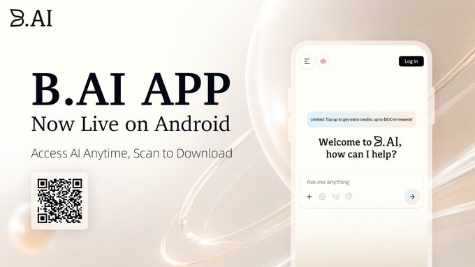 A promotional advertisement for the 'B.AI APP' announcing it is 'Now Live on Android' with text 'Access AI Anytime, Scan to Download', featuring a QR code and a mockup of the app's chat interface.