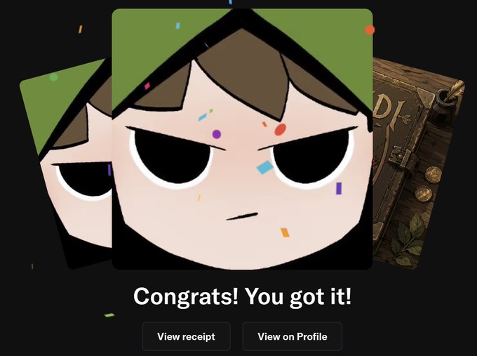 A digital collectible 'Congrats! You got it!' confirmation screen showing an angry cartoon character with a green hat alongside a book and buttons for 'View receipt' and 'View on Profile'.