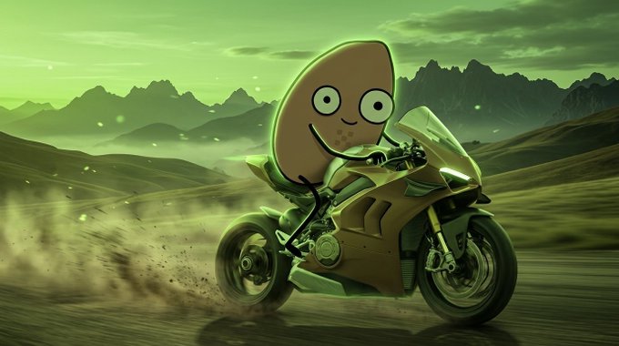 A cartoon potato character with googly eyes rides a speeding motorcycle through a dusty green landscape, tying into the playful "Hoodblobs" branding of the giveaway promotion for 20 GTD and 40 FCFS spots.