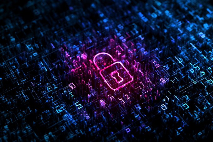 A glowing pink padlock icon hovers over a dark, circuit-like landscape of blue digital pathways, visually symbolizing decentralized security. The lock's central placement amid the sprawling web reinforces the post's message that threshold cryptography distributes protective power across many points rather than concentrating it in one.
