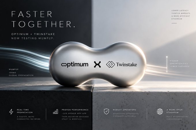 A sleek promotional graphic titled 'FASTER TOGETHER. OPTIMUM X TWINSTAKE NOW TESTING MUMP2P.', highlighting features like '155MS GLOBAL PROPAGATION' and 'BUILT BY OPERATORS ON ETHEREUM.'