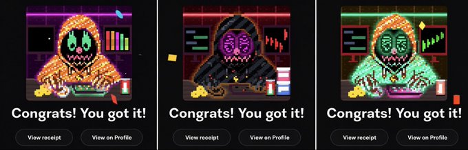 Three pixel-art character portraits (yellow, black, and green hooded figures) each displayed above the text 'Congrats! You got it!' with 'View receipt' and 'View on Profile' buttons.