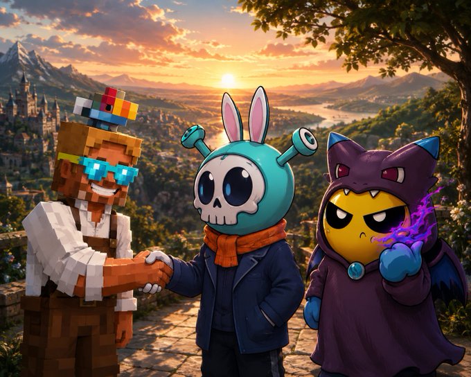 A digital artwork featuring three characters: a Minecraft-style blocky figure with blue sunglasses, a skull-headed character with rabbit ears in a blue jacket, and a dark cat-robed character holding purple lightning magic, set against a sunset mountain landscape.