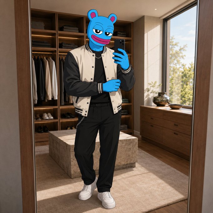 A blue cartoon-style frog character wearing a black shirt, beige and black letterman jacket, and black pants poses for a mirror selfie in a modern, wood-paneled walk-in closet.