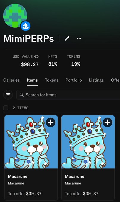 Mobile screenshot of an NFT portfolio page called 'MimiERPs' showing a USD value of $98.27 with 81% NFTs and 19% tokens, displaying two 'Macarune' items with a top offer of $39.37 each.