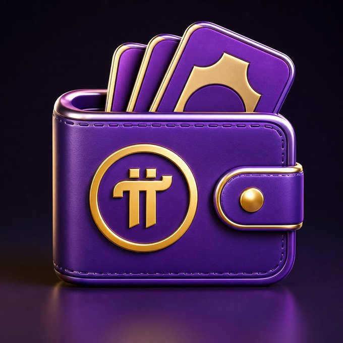 A 3D-rendered purple leather wallet with gold trim, containing cards, and featuring a gold Pi (π) cryptocurrency logo on its front.