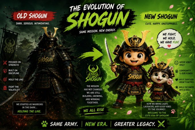 A meme-style infographic titled "THE EVOLUTION OF SHOGUN" contrasting an "OLD SHOGUN" (dark and intimidating) with a "NEW SHOGUN" (cute and unstoppable), featuring characters in samurai armor.