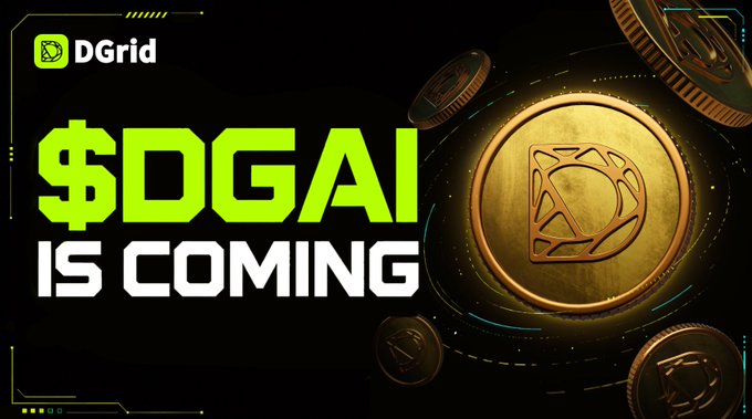 Identical to image 1: A promotional graphic for DGrid announcing "$DOGAI IS COMING" with golden coins featuring a geometric logo on a dark background.