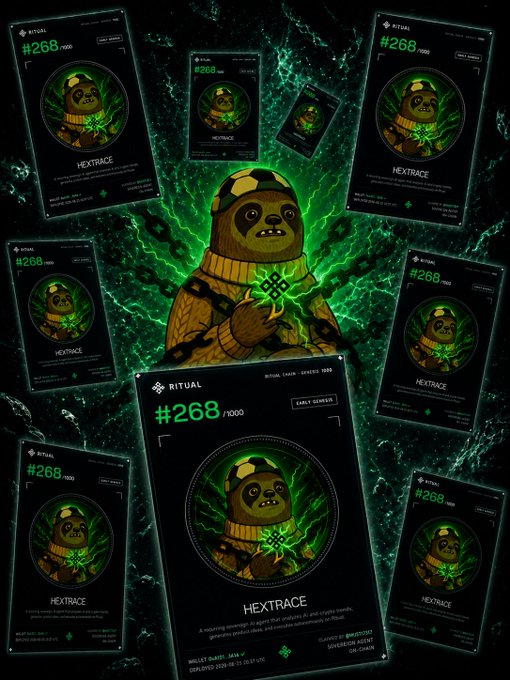 Digital artwork displaying multiple trading card designs for "HEXTRACE" #268/1000 by RITUAL, featuring a sloth-like character holding a glowing green symbol.