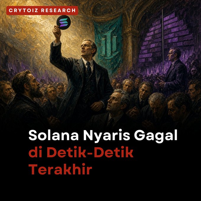 An artistic illustration in classical painting style with a 'CRYPTOIZ RESEARCH' logo and Solana (SOL) icon, featuring a man holding up a token in a dramatic speech, with Indonesian text reading 'Solana Nyaris Gagal di Detik-Detik Terakhir' (Solana Almost Failed at the Last Moment).