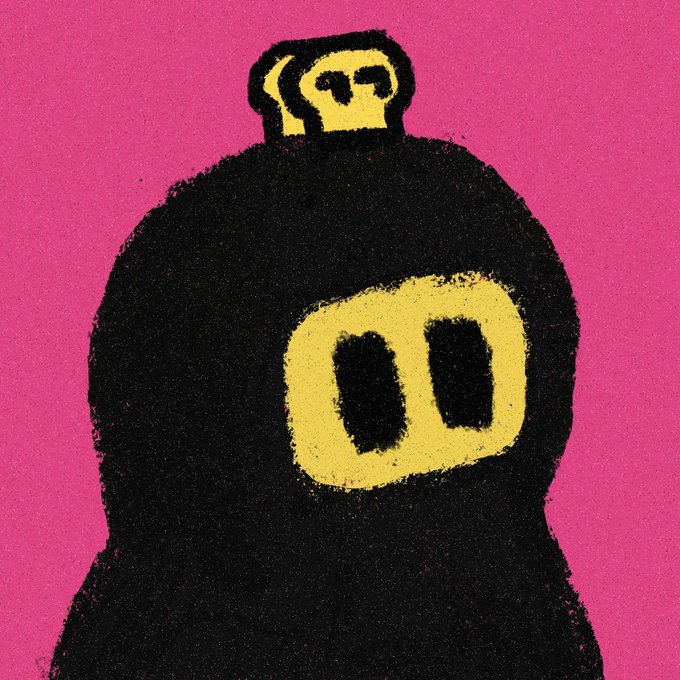 An illustration of a black, rounded silhouette character with yellow eyes and a yellow mouth design on its body, set against a bright pink background.