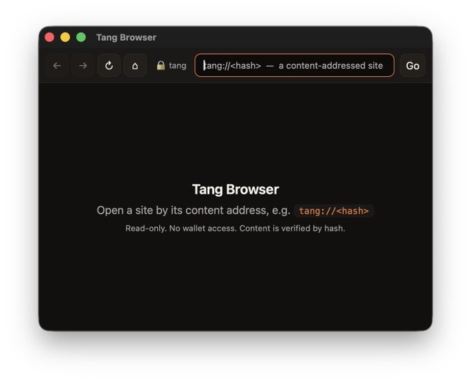 A mockup of the "Tang Browser" interface showing a dark-themed window with the tagline "Open a site by its content address, e.g. `tang://<hash>`" and the note "Read-only. No wallet access. Content is verified by hash," highlighting its gas-free, content-addressed, read-only browsing experience.