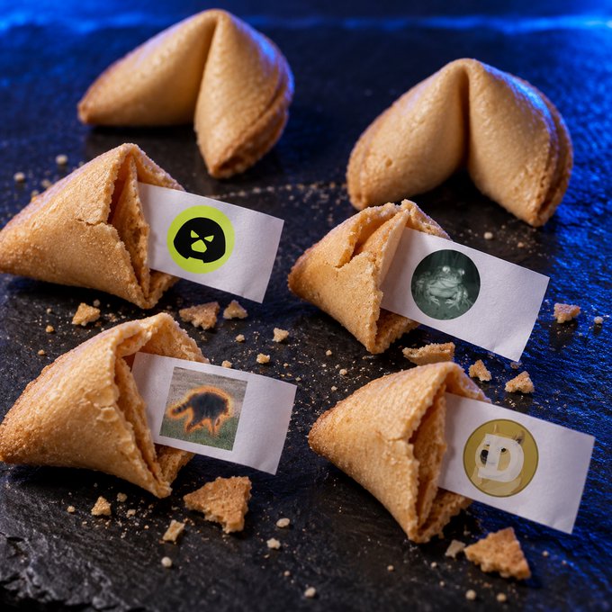 Four golden fortune cookies sit open on a dark slate surface, each revealing a slip of paper displaying a different crypto token's emblem or mascot—the TRON-style green alien (JUGGERNAUT), a shadowy figure (FRONG), a honey badger (Jimothy), and the iconic Dogecoin Shiba Inu (DOGE)—turning the "fortune favors the bold" prompt into a playful choice between meme coins.