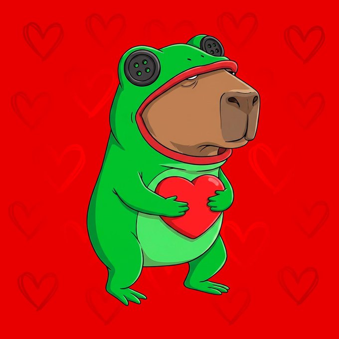 A cartoon illustration of a bear character wearing a green frog hoodie, holding a red heart against a red background patterned with hearts.