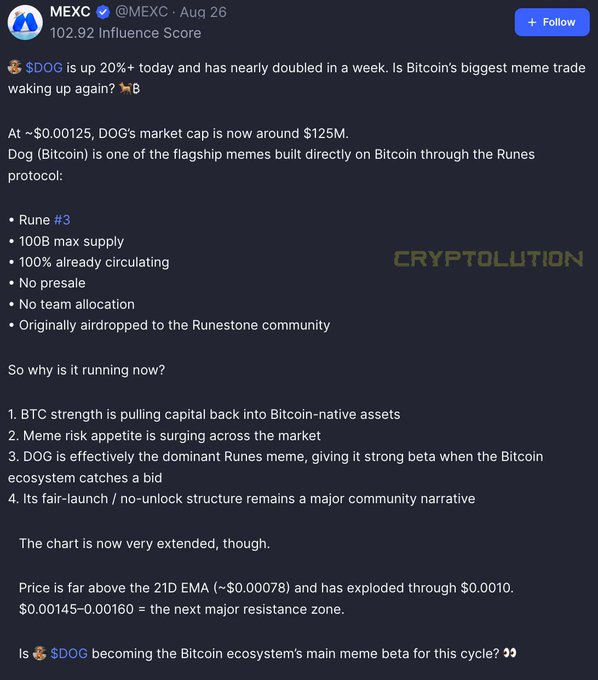 A screenshot of a tweet from MEXC (@MEXC) discussing $DOG (Dog on Bitcoin) being up 20%+ and its market cap around $125M, analyzing it as a Bitcoin-native Runes meme token with the caption 'CRYPTOLUTION'.