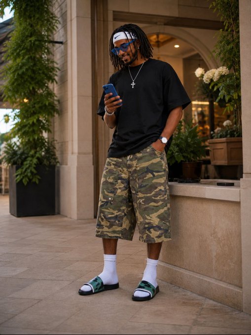 A man with dreadlocks, sunglasses, a white headband, black t-shirt, cross necklace, camouflage cargo shorts, white socks, and green/white slides stands outdoors looking at his phone.