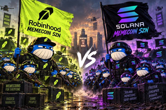 Two armies of cartoonish blue meme characters clash on either side of a fiery battlefield, with the left faction rallying behind a green "Robinhood MEMECOIN SZN" flag and the right faction standing firm beneath a purple "SOLANA MEMECOIN SZN" banner. Surrounding banners proclaim slogans like "MEMECOINS FOR EVERYONE," "BIGGER MARKETS," "FASTER CHEAPER BIGGER COMMUNITY," and "SOLANA MEMECOINS SEND HARDER," visually capturing the tribal rivalry the post references about which crypto community holds the strongest conviction.