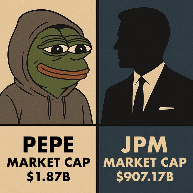 A split comparison graphic contrasting 'PEPE MARKET CAP $1.87B' featuring a green Pepe the Frog in a hoodie against 'JPM MARKET CAP $907.17B' showing a silhouetted figure in a suit, highlighting the meme coin's market valuation.