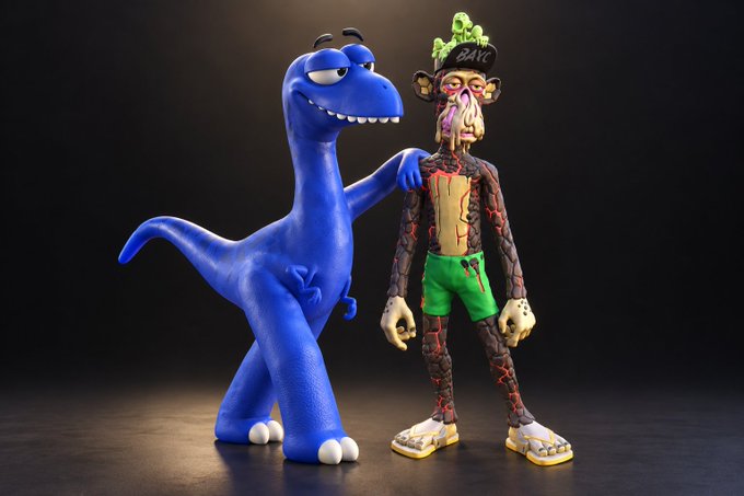 A 3D rendering shows a blue cartoon dinosaur character with its arm around a zombie-like humanoid figure wearing green shorts, a cap with a small creature on top, and sandals with skulls, set against a black background.