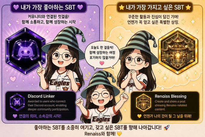 A Korean promotional graphic for 'Renaiss' SBT (Soulbound Token) rewards featuring a chibi character in an Eagles jersey and witch hat, explaining 'Discord Linker' and 'Renaiss Blessing' benefits.