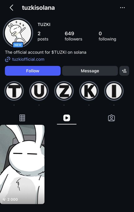 The image shows the official $TUZKI Instagram profile on Solana with 649 followers, featuring a large cartoon rabbit character and story highlights spelling "TUZKI," illustrating the memecoin's growing social media presence that the post describes as a "bullish" sign of onboarding momentum.