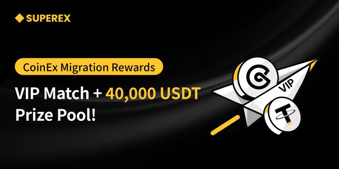 A promotional banner for "SuperEx" advertises a "CoinEx Migration Rewards" campaign featuring a "VIP Match + 40,000 USDT Prize Pool," alongside graphics of VIP medals and cryptocurrency logos. The image visually supports the giveaway post by highlighting the "VIP Match" reward option, which is one of the choices users are asked to select in their comments.