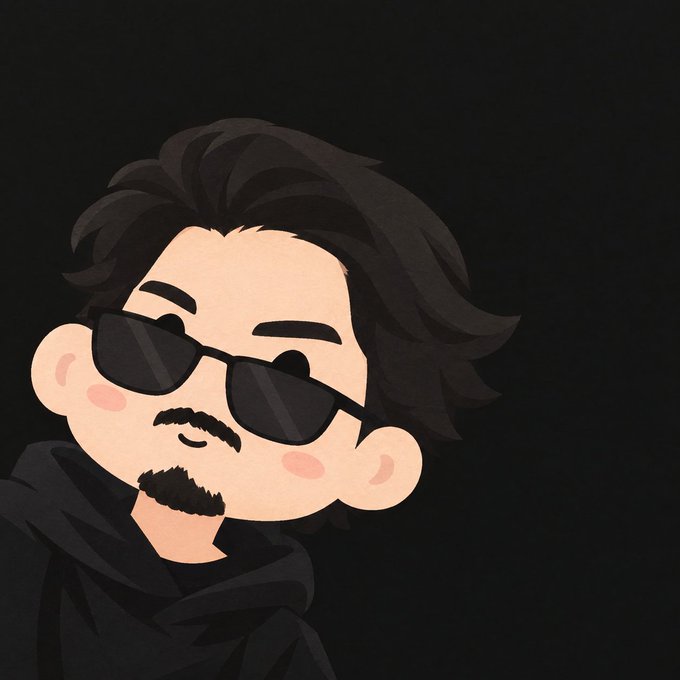 A digital cartoon illustration shows a man with messy black hair, a goatee, and dark sunglasses wearing a black hoodie against a dark background.