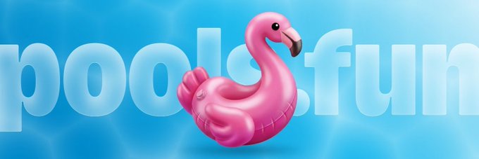 A pink flamingo pool float in the shape of a ring sitting in a bright blue swimming pool with "pools.fun" written in large bubble letters in the background.