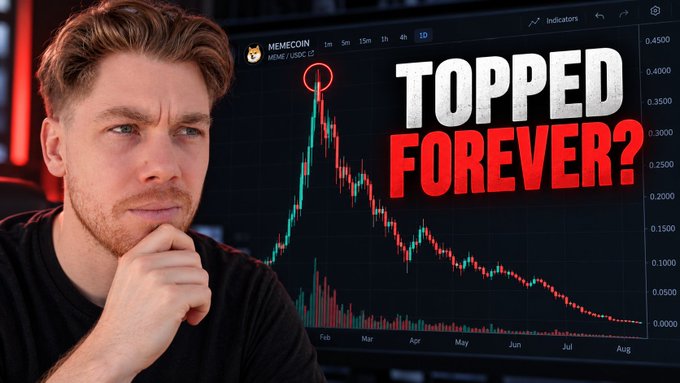 A thumbnail image showing a man in thoughtful pose beside a MEMECOIN/USDC price chart, with bold text reading 'TOPPED FOREVER?' and a circled peak price.