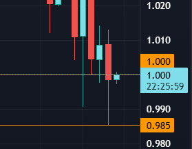 A candlestick chart displaying price action around the 1.000 level with support at 0.985 and resistance at 1.010, showing a timestamp of '22:25:59'.