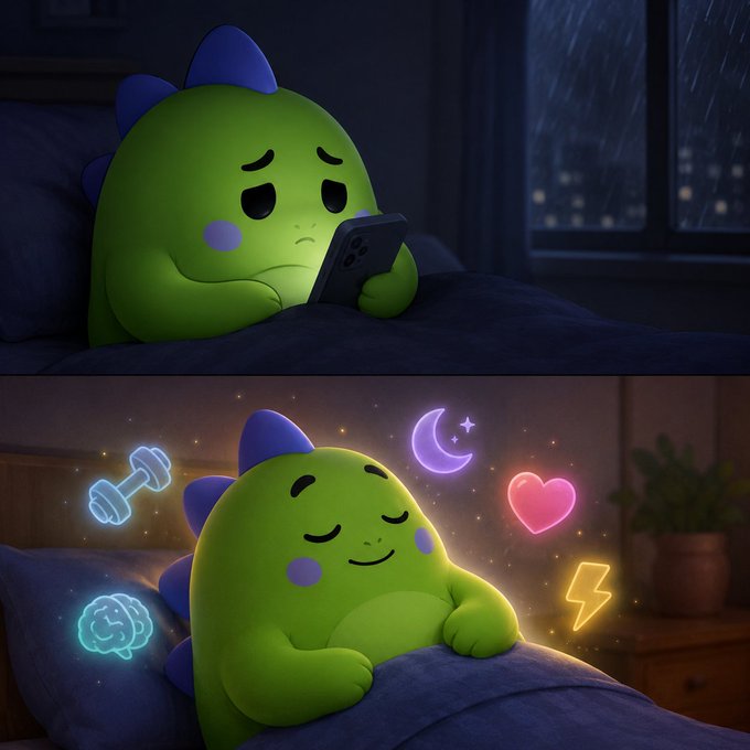 The image features two different scenes of a green dinosaur character, Sleepagotchi, lying down in bed with its eyes closed while using a cell phone. The first scene shows Sleepagotchi looking sad or bored as it looks at the screen of the cell phone. In contrast, the second scene depicts Sleepagotchi smiling and resting peacefully on the bed, seemingly enjoying the content displayed on the cell phone's screen.

The post suggests that there are apps available for tracking sleep patterns to help improve overall health and well-being. These apps can provide feedback based on the user's sleep data, such as the number of hours slept or the quality of sleep experienced during the night. By analyzing this information, users may be able to make adjustments to their daily habits and routines that could lead to better sleep patterns and improved overall health.
