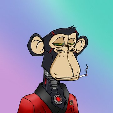 A digital illustration of a stylized Bored Ape-style monkey character in red attire smoking a cigarette against a pastel gradient background.