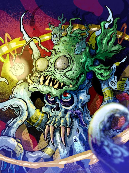 A vibrant, chaotic digital illustration of a grotesque green and blue creature with multiple eyes, sharp teeth, and tentacle-like appendages against a colorful background.