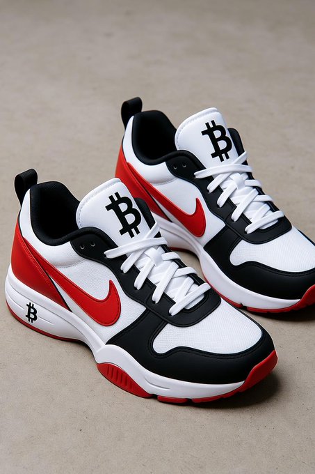 A pair of athletic sneakers in a white, black, and red colorway, featuring a Nike swoosh and Bitcoin (₿) logos on the tongue and heel.