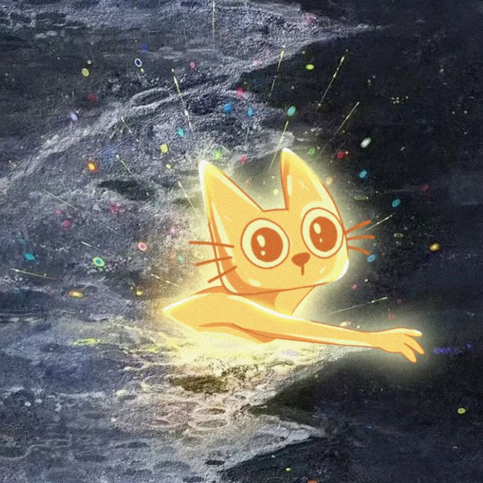 A glowing orange cartoon cat with big eyes emerges from a dark, textured surface surrounded by colorful confetti-like particles, appearing to playfully swim or crawl forward. The image's whimsical, meme-like vibe aligns with the post's call to pitch a universally relatable meme to Binance executives as a bridge between Western and Chinese audiences.